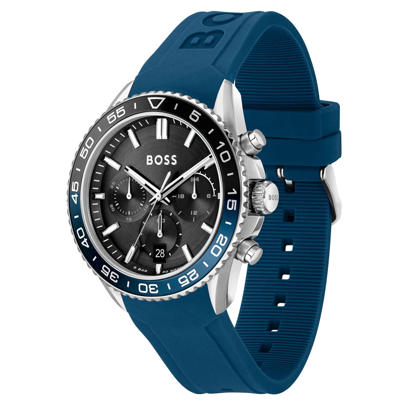 Hugo Boss Blue Silicone Black Dial Chronograph Men's Watch
