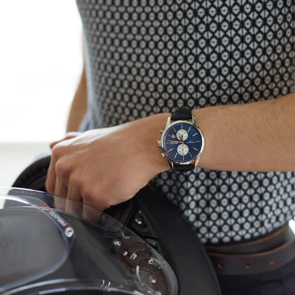 Hugo Boss Chronograph Leather Strap Blue Dial Watch