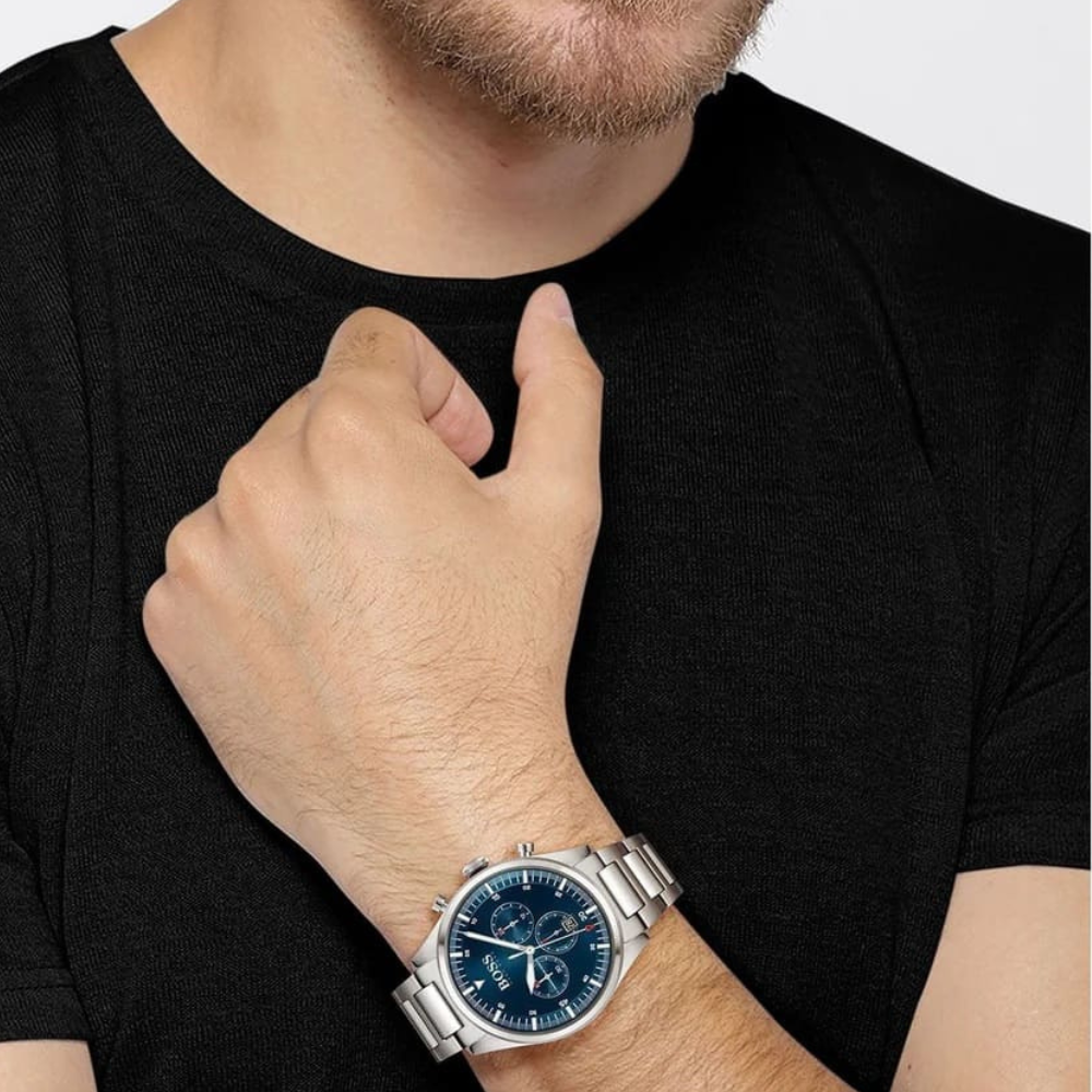 Hugo Boss Pioneer Blue Dial Silver Steel Strap Watch