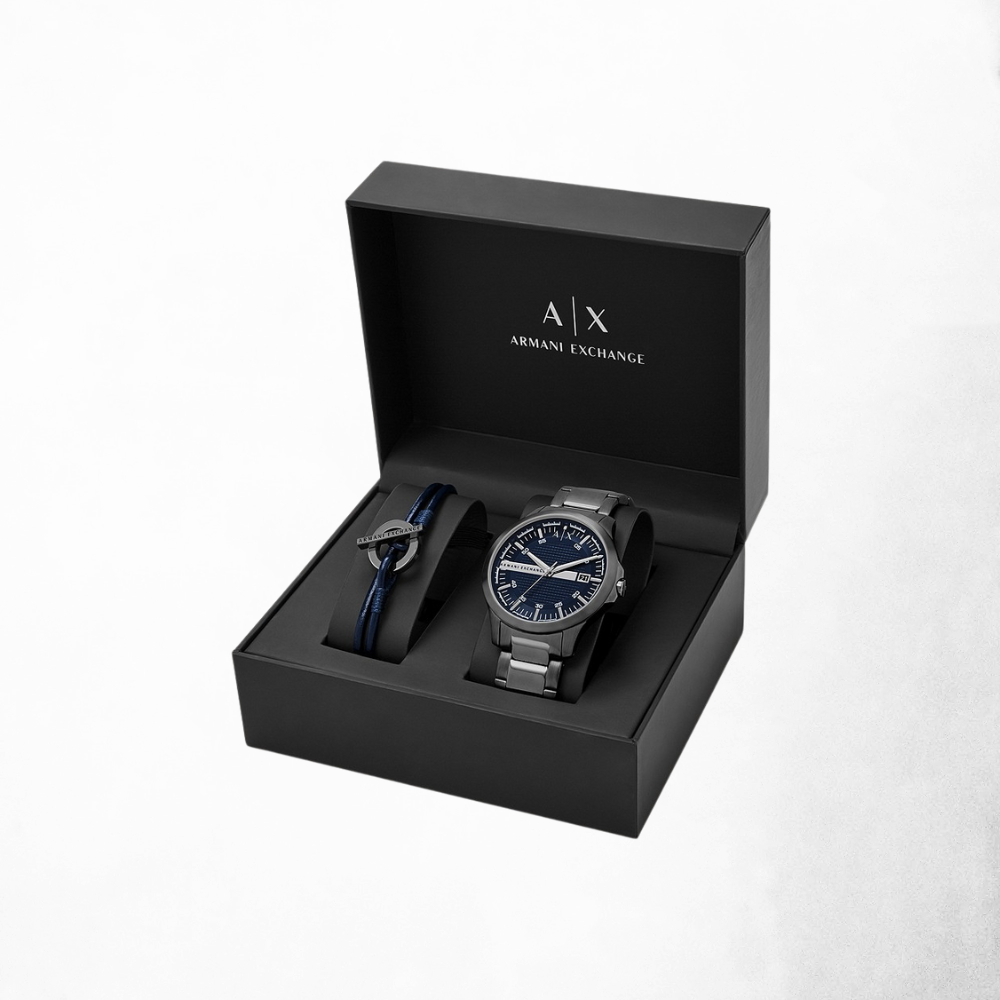 Armani Exchange Hampton Blue Dial Watch And Bracelet Set