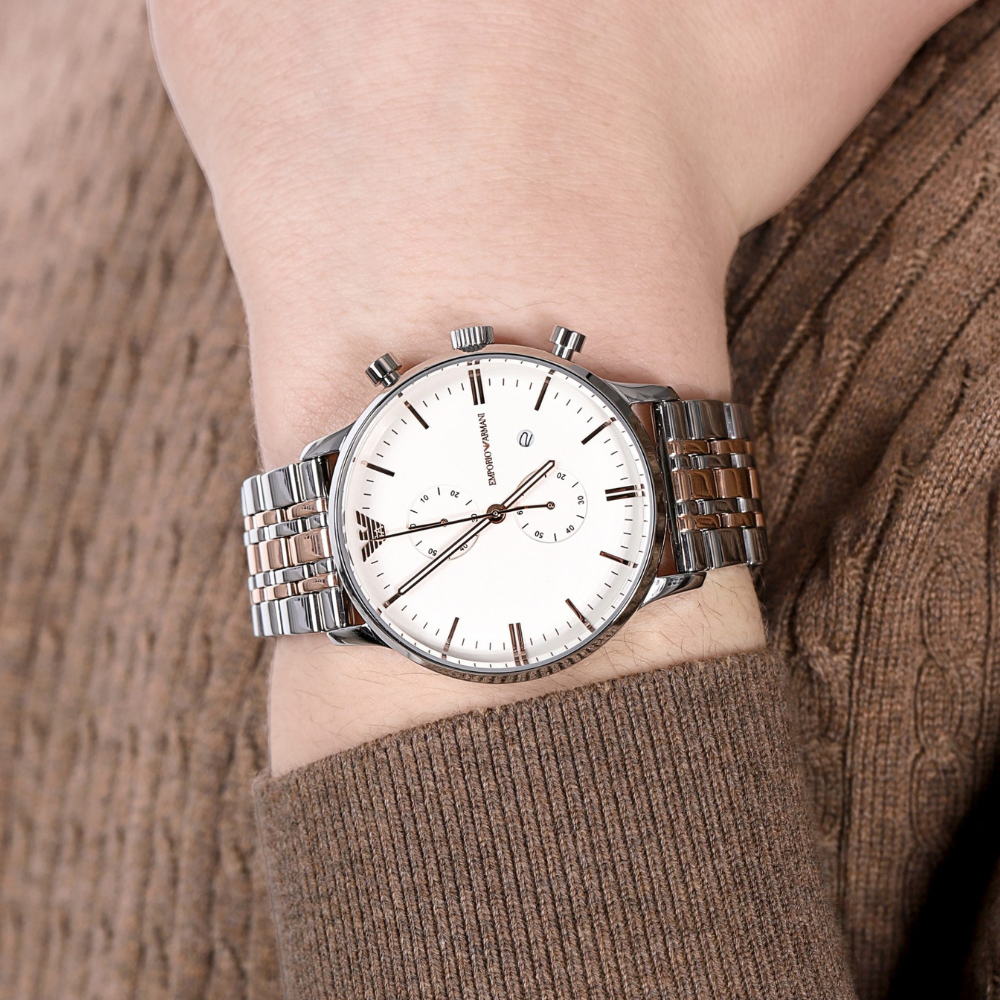 Emporio Armani White Dial Two Tone Mens Watch