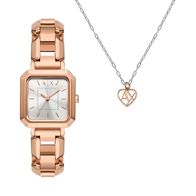 Armani Exchange Leila Three-Hand Rose Gold-Tone Watch with Necklace