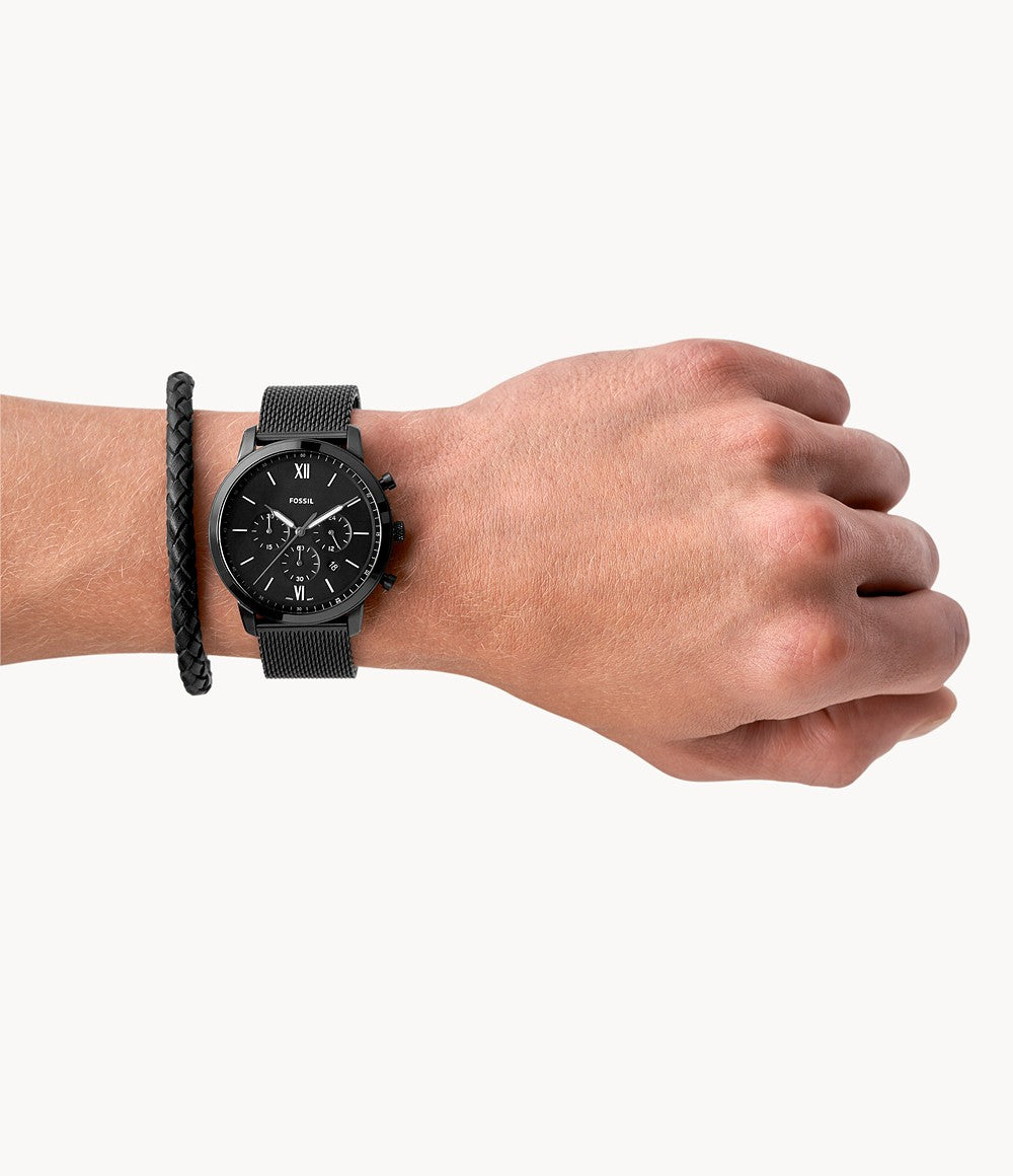 Fossil Chronograph Black Stainless Steel Mesh Watch And Bracelet Box Set