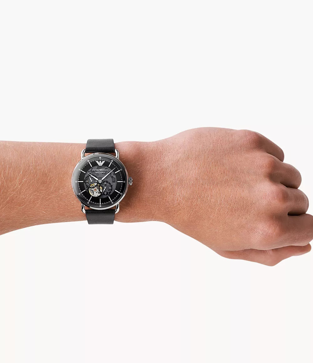 Emporio Armani Multifunction Black Leather Watch