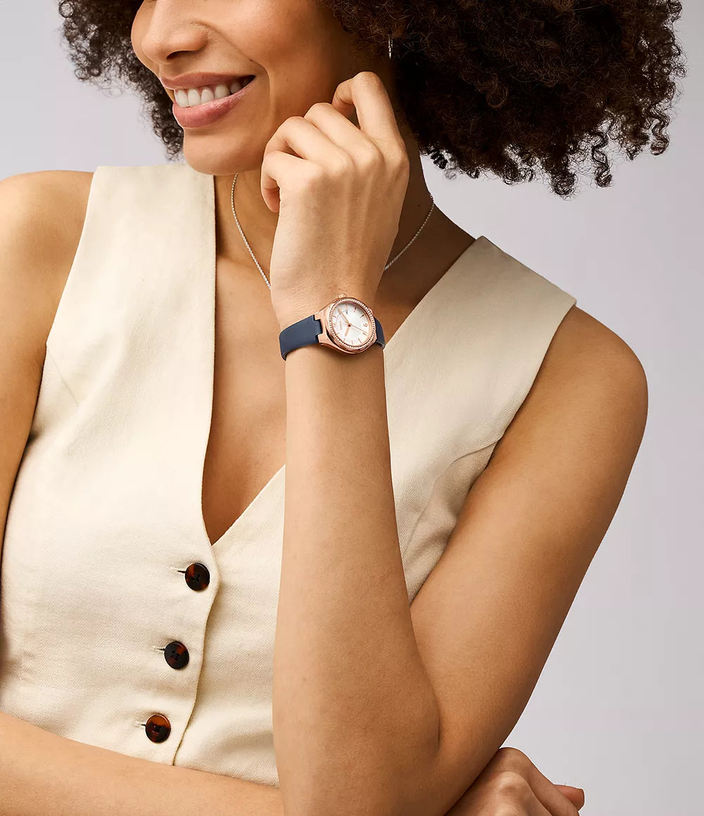 Eevie Three-Hand Date Navy Leather Watch