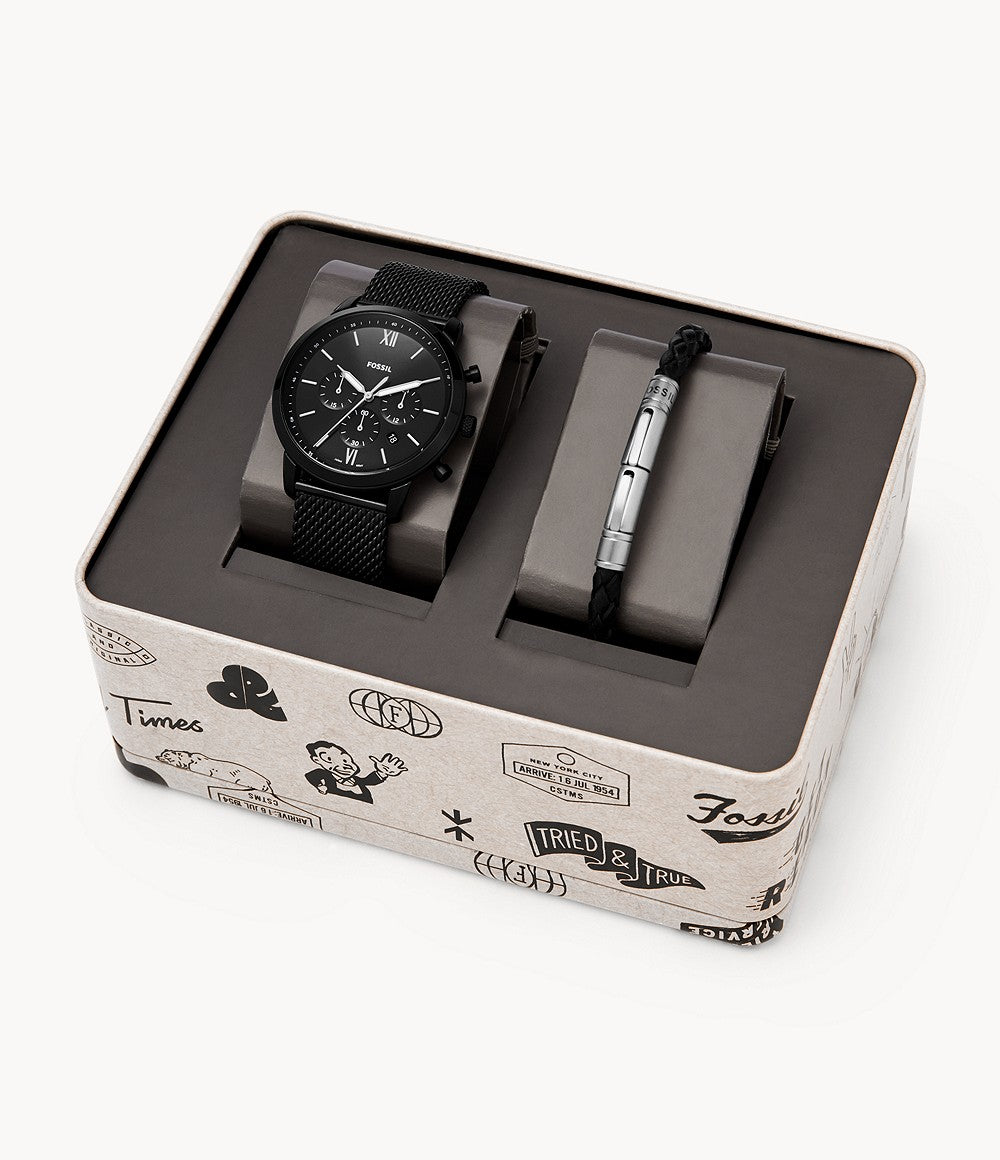 Fossil Chronograph Black Stainless Steel Mesh Watch And Bracelet Box Set