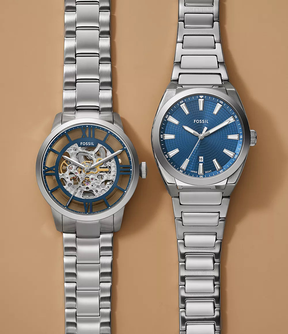 Fossil Everett Blue Three-Hand Date Stainless Steel Watch