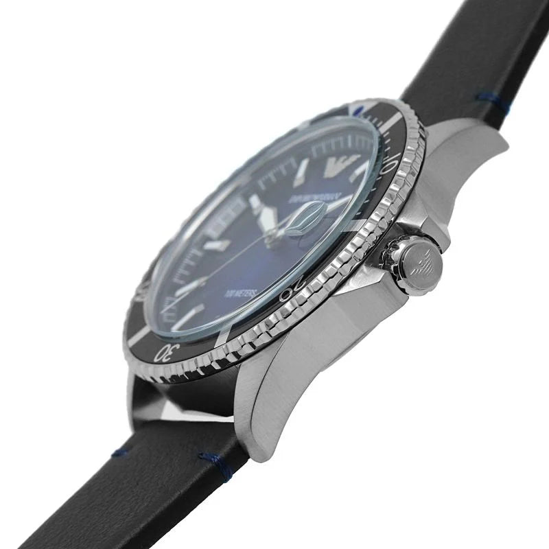 Emporio Armani Three-Hand Date Black Leather Watch