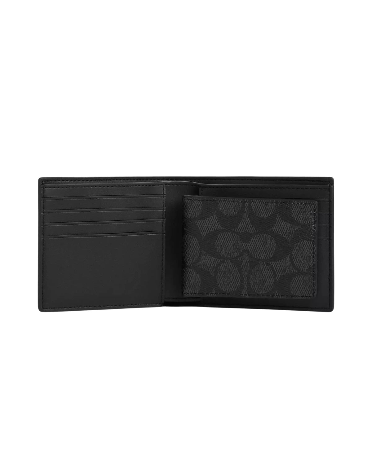 Open view of the Coach 3-In-1 Wallet in Signature Canvas CW380 showing eight credit card slots, full-length bill compartments and removable ID insert with two additional card slots