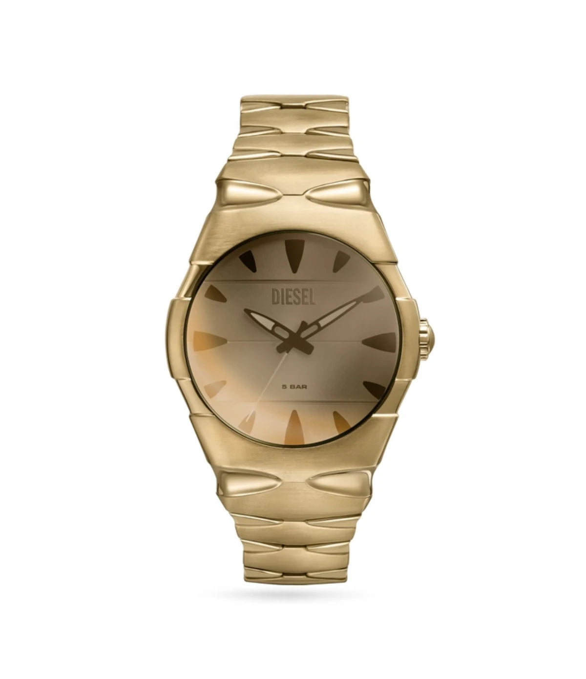 Diesel D-Sruptor Gold-Tone Stainless Steel Watch DZ2214 front view - men's 42mm gold-tone watch with silver sunray dial, available in Sri Lanka at TimeVault