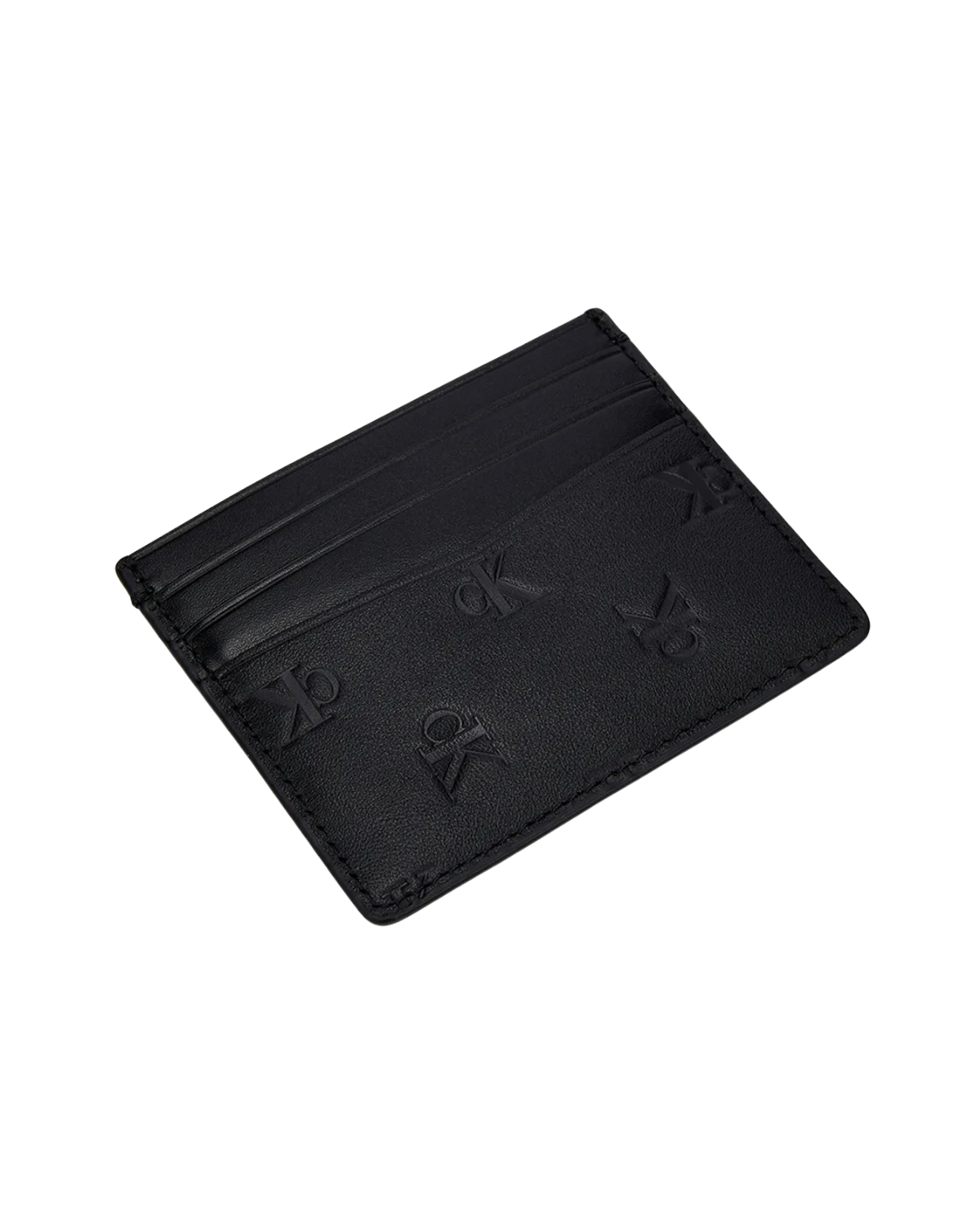 Side profile of the Calvin Klein Allover Monogram Logo Card Case 4D1083GUB1 showing ultra-slim flat profile and card slots at front and back