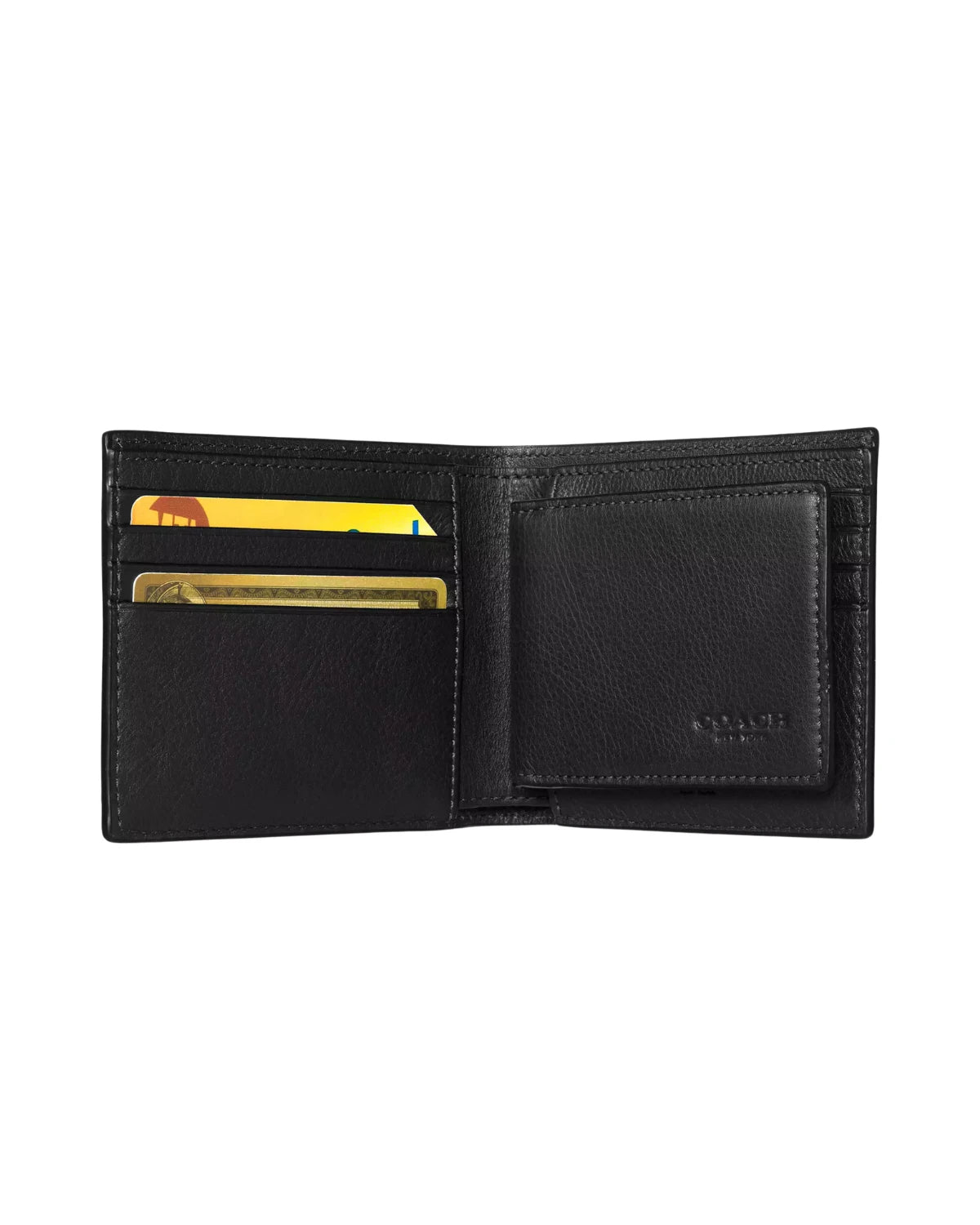 Open view of the Coach 3 In 1 Wallet 74991 showing eight credit card slots, full-length bill compartments and removable ID insert with two additional card slots