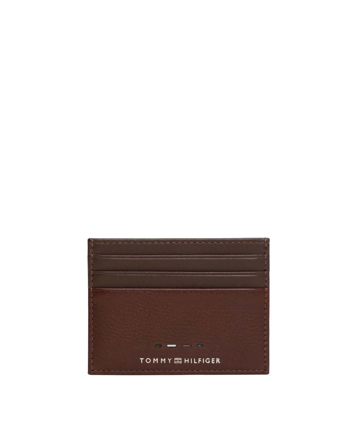 Tommy Hilfiger Premium Leather Logo Credit Card Holder AM0AM12764GB8 front view - men's mixed texture leather card holder in cognac, available in Sri Lanka at TimeVault