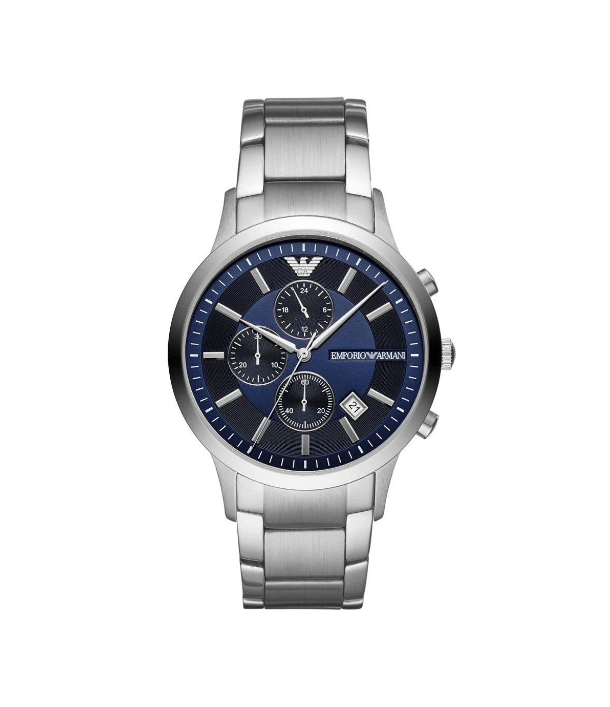 Emporio Armani Renato AR11164 front view - men's watch with blue dial and silver stainless steel bracelet, available in Sri Lanka at TimeVault