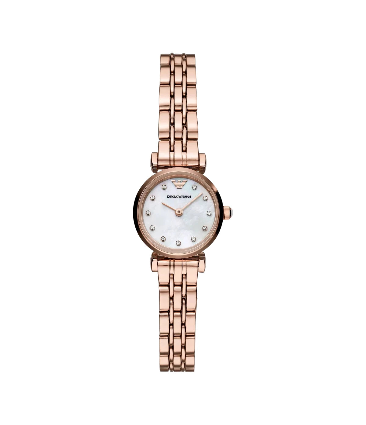 Emporio Armani Gianni T-Bar AR11203 front view - women's watch with mother-of-pearl dial and rose gold stainless steel bracelet, available in Sri Lanka at TimeVault