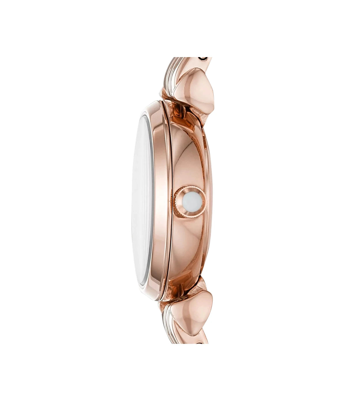 Side profile of the Emporio Armani Gianni T-Bar AR11203 showing the rose gold case, 22mm case and rose gold stainless steel bracelet