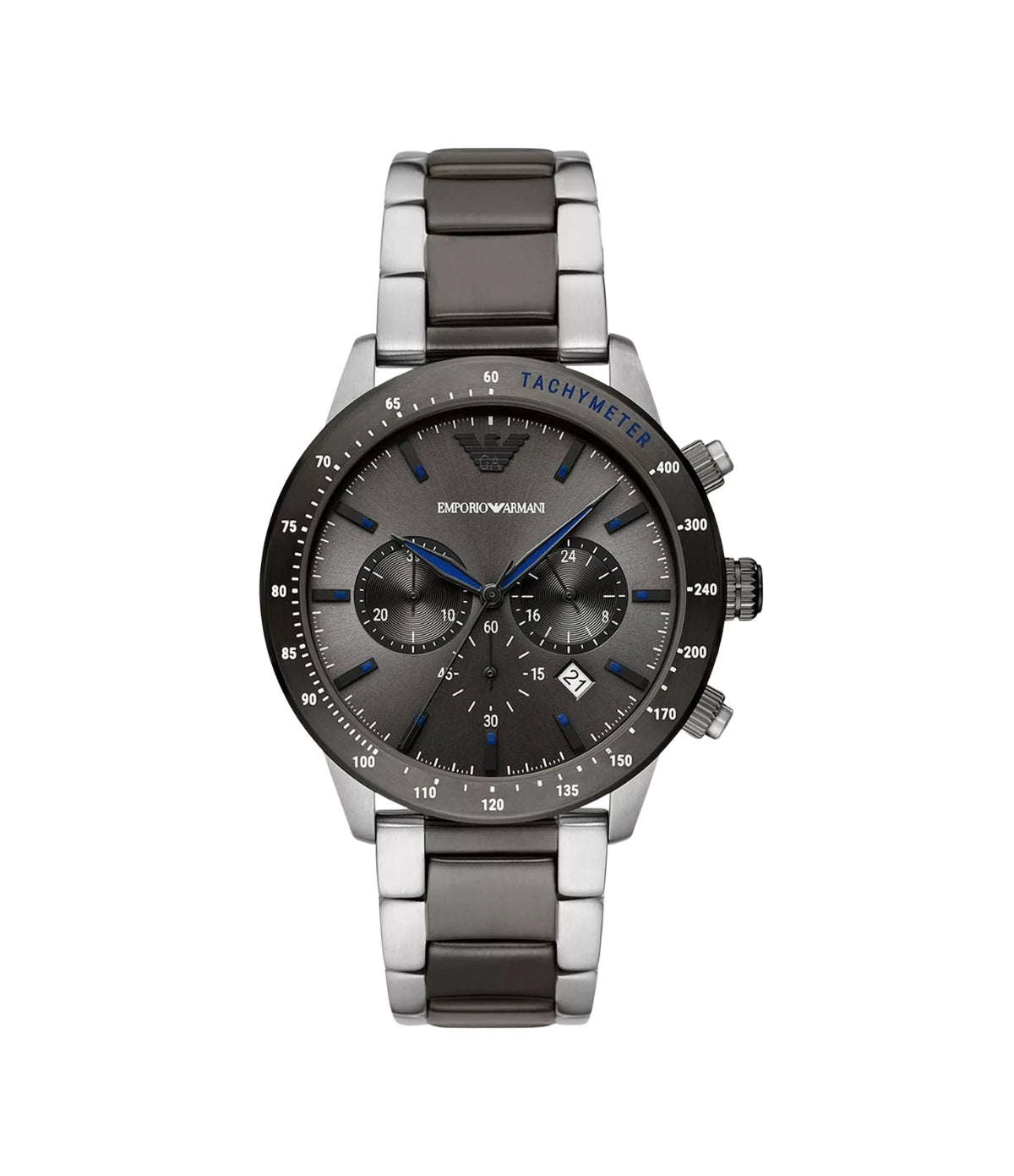 Emporio Armani Mario AR11391 front view - men's watch with grey dial and grey/silver stainless steel bracelet, available in Sri Lanka at TimeVault