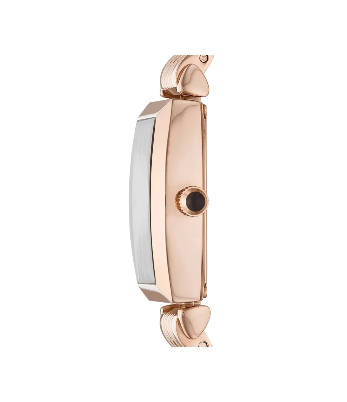 Side profile of the Emporio Armani Gianni T-Bar AR11407 showing the rose gold case, 26mm case and rose gold stainless steel bracelet