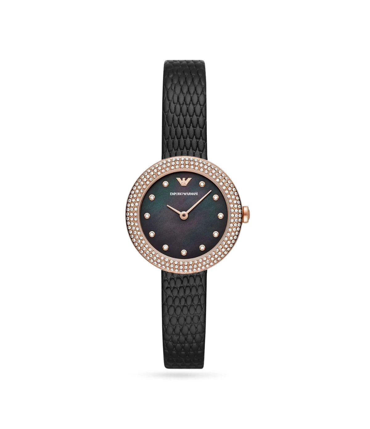Emporio Armani Rosa AR11433 front view - women's rose gold watch with black mother-of-pearl dial and black leather strap, available in Sri Lanka at TimeVault