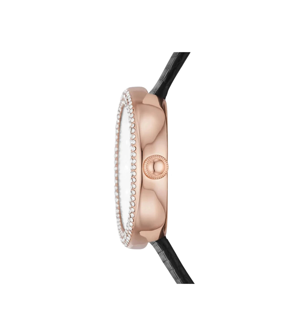 Side profile of the Emporio Armani Rosa AR11433 showing the rose gold case and black genuine leather strap