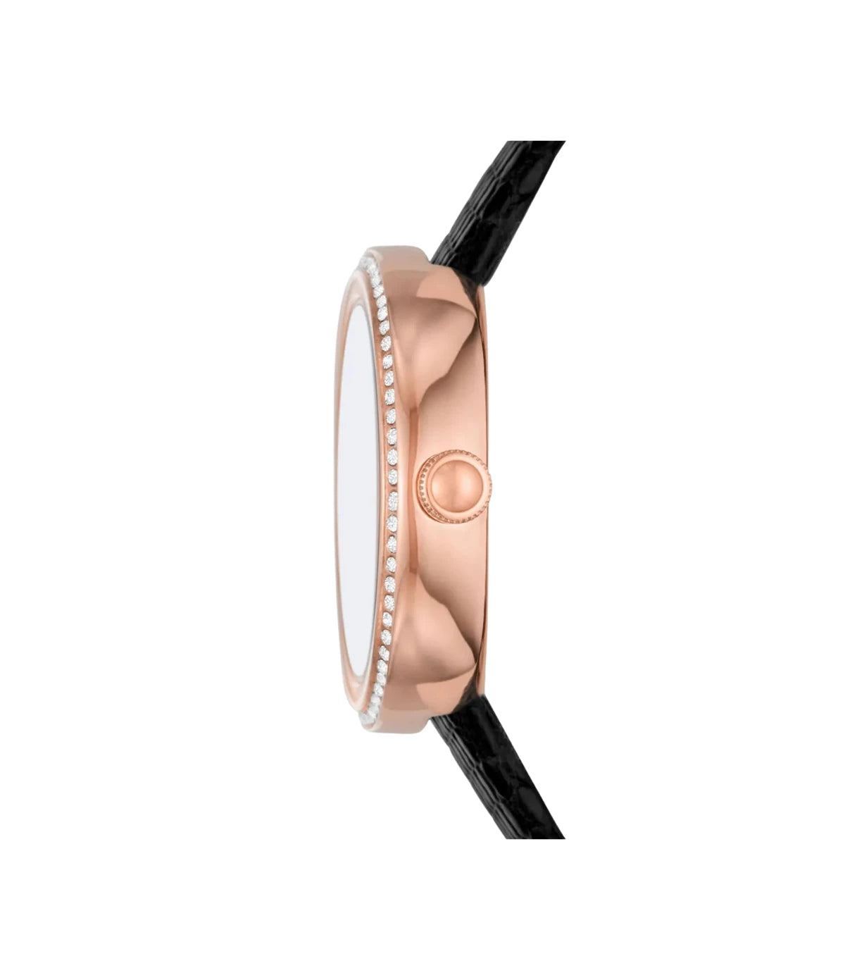 Side profile of the Emporio Armani Rosa AR11493 showing the rose gold case, 32mm case and black genuine leather strap