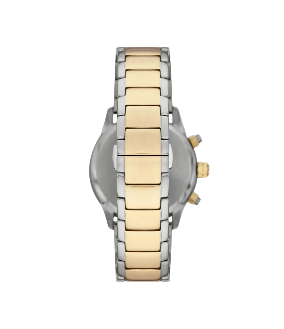 Back view of the Emporio Armani Mario AR11521 showing the two-tone silver/gold case and two-tone silver/gold stainless steel bracelet