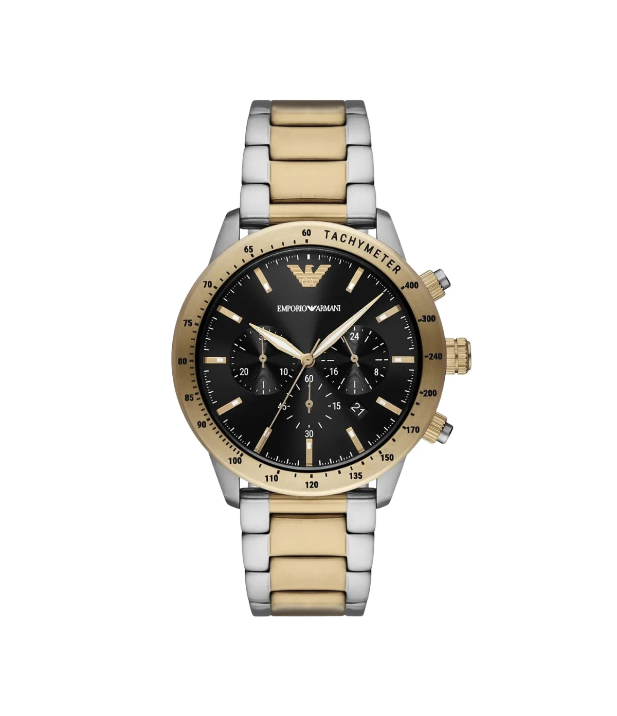 Emporio Armani Mario AR11521 front view - men's watch with black dial and two-tone silver/gold stainless steel bracelet, available in Sri Lanka at TimeVault