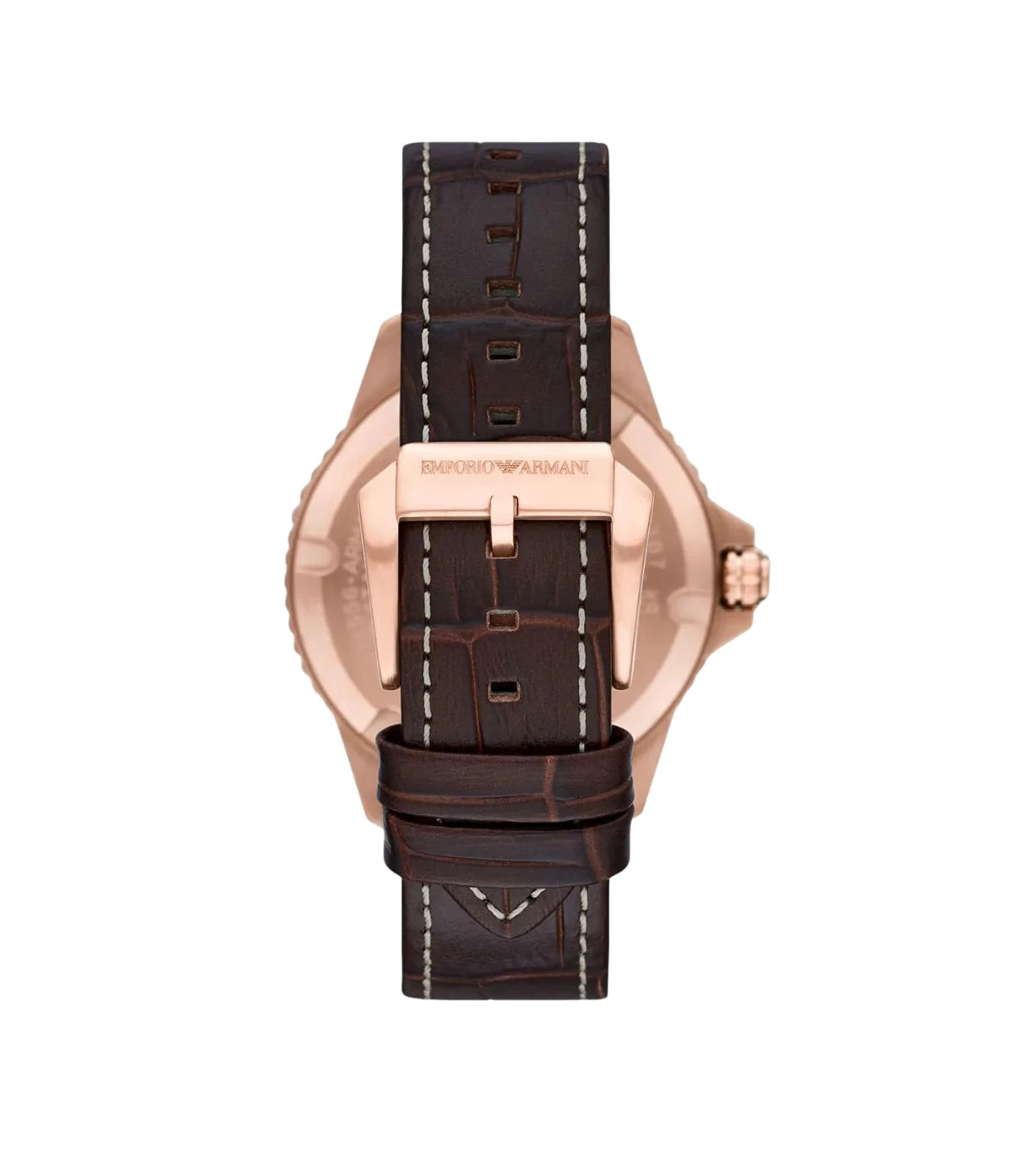 Back view of the Emporio Armani Diver AR11556 showing the rose gold case and brown genuine leather strap