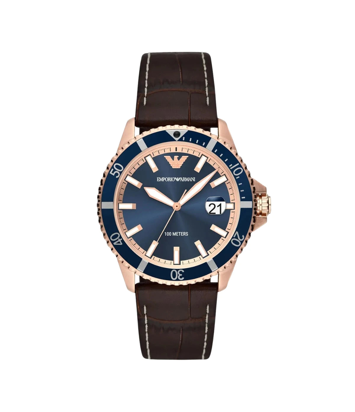 Emporio Armani Diver AR11556 front view - men's watch with blue dial and brown genuine leather strap, available in Sri Lanka at TimeVault