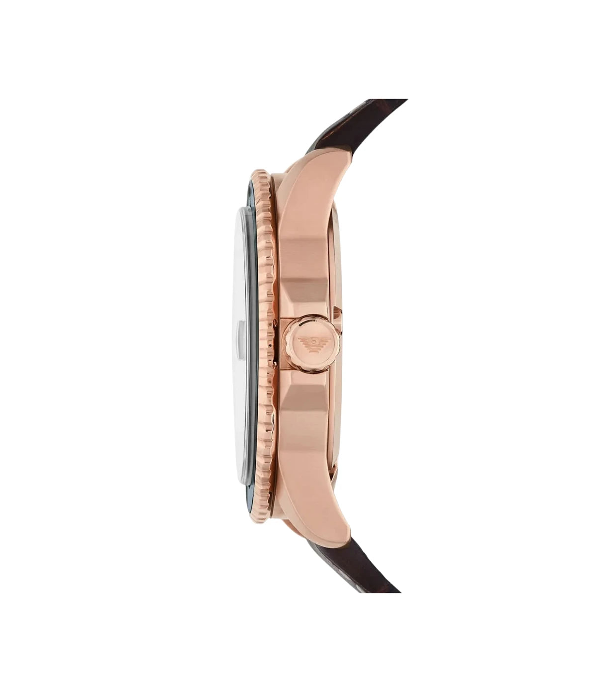 Side profile of the Emporio Armani Diver AR11556 showing the rose gold case, 42mm case and brown genuine leather strap