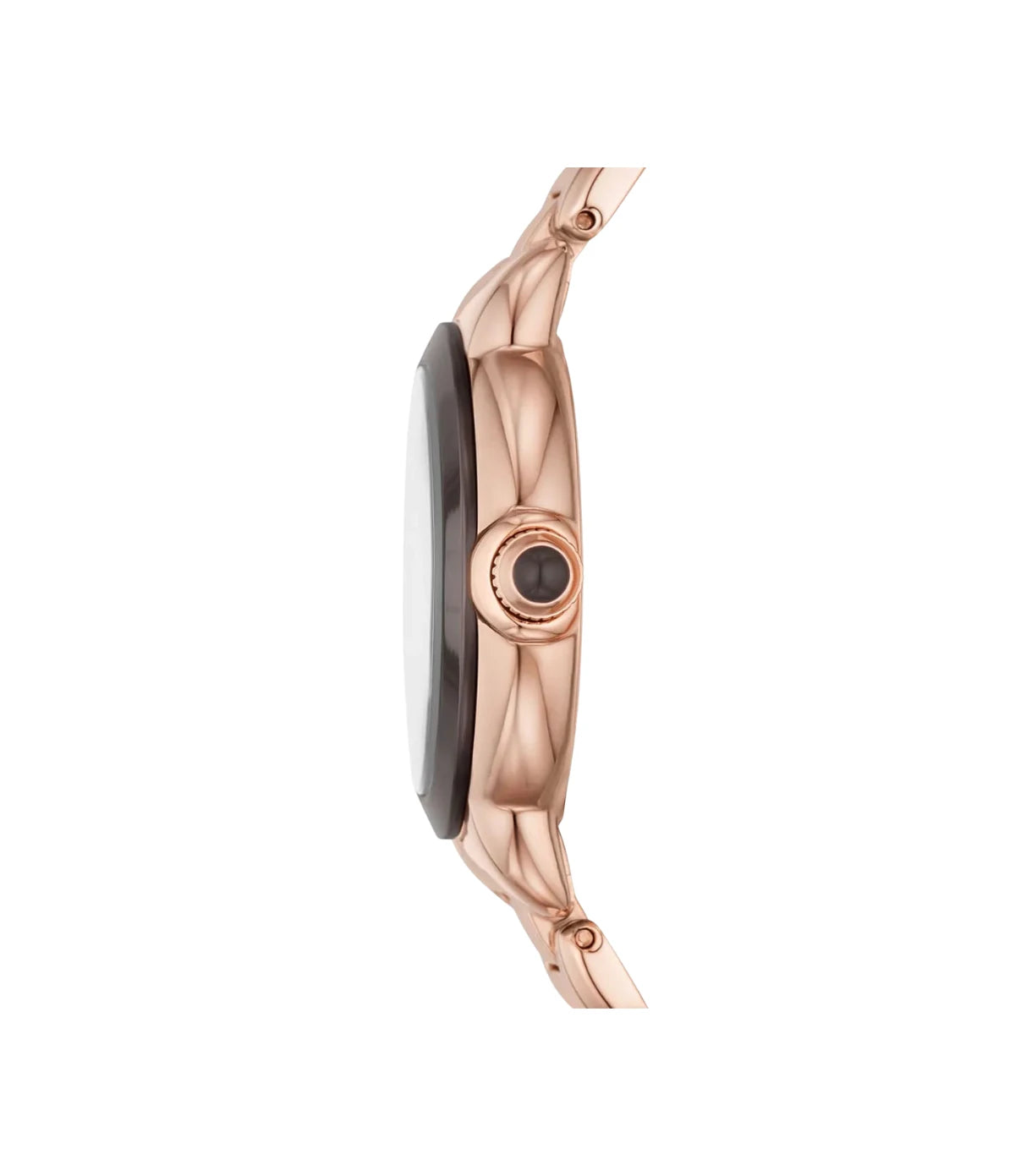 Side profile of the Emporio Armani Mia AR11570 showing the rose gold case, 32mm case and rose gold stainless steel bracelet