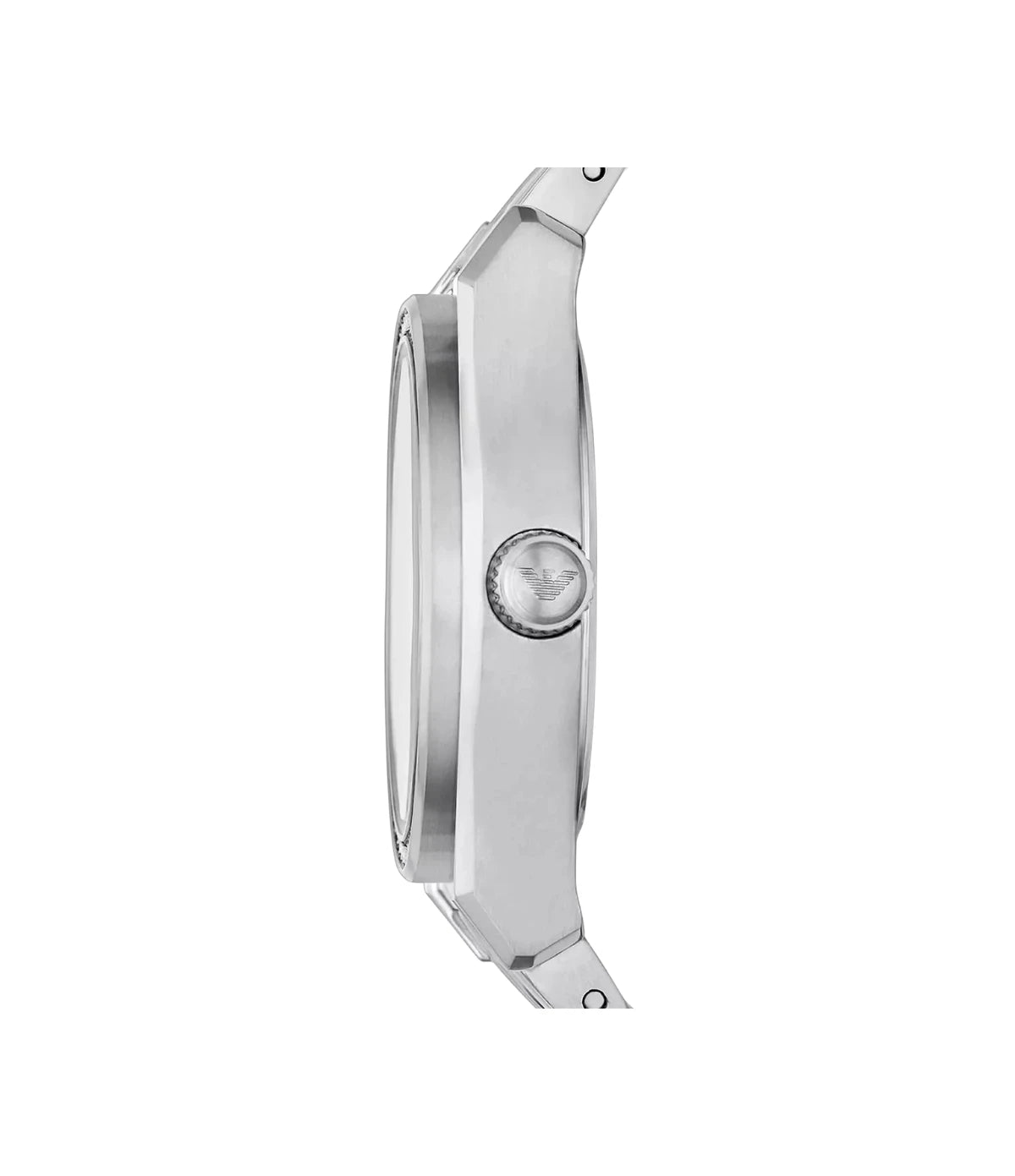 Side profile of the Emporio Armani Federica AR11593 showing the silver case, 32mm case and silver stainless steel bracelet
