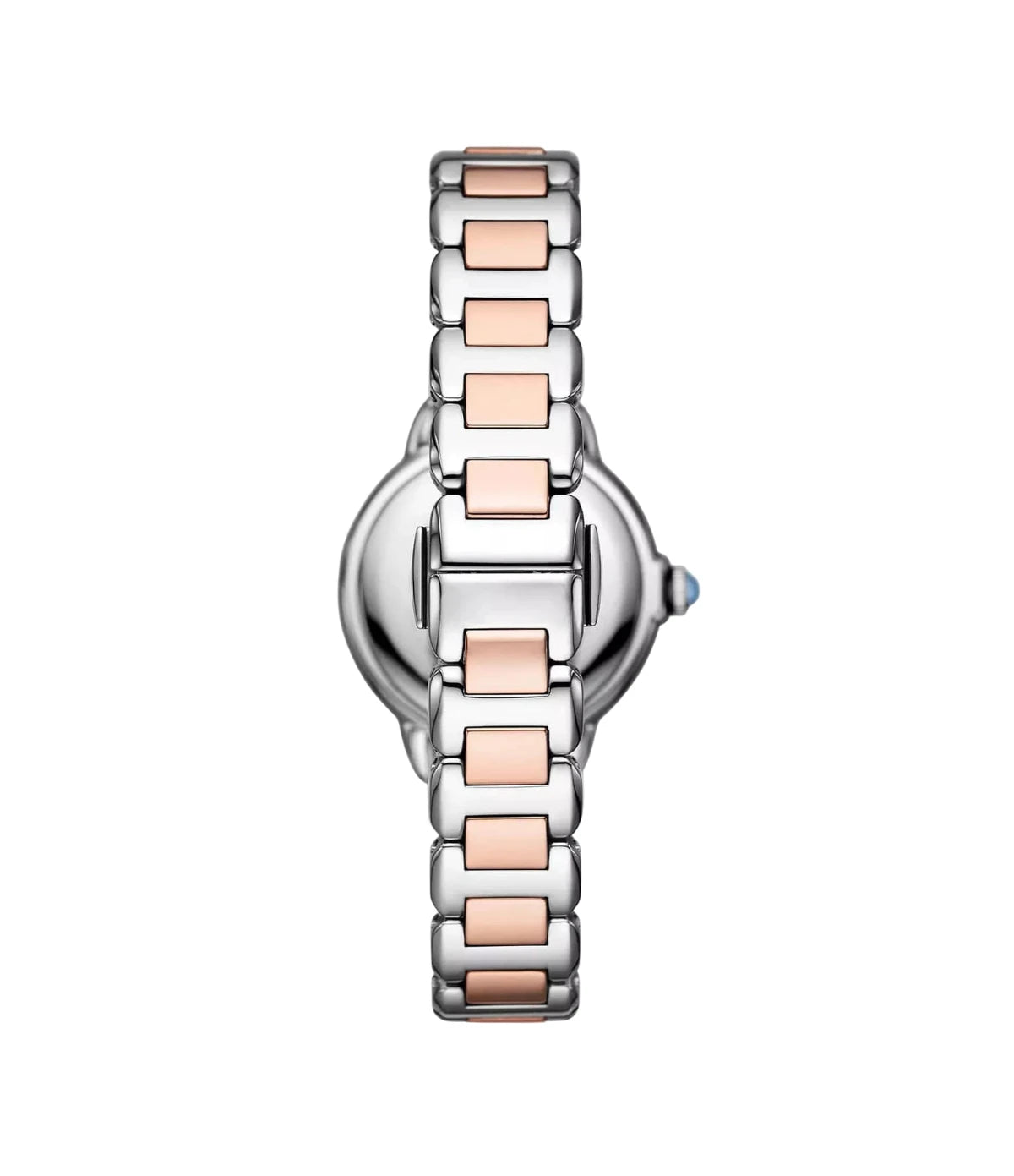 Back view of the Emporio Armani Mia AR11597 showing the two-tone silver/gold case and two-tone silver/gold stainless steel bracelet