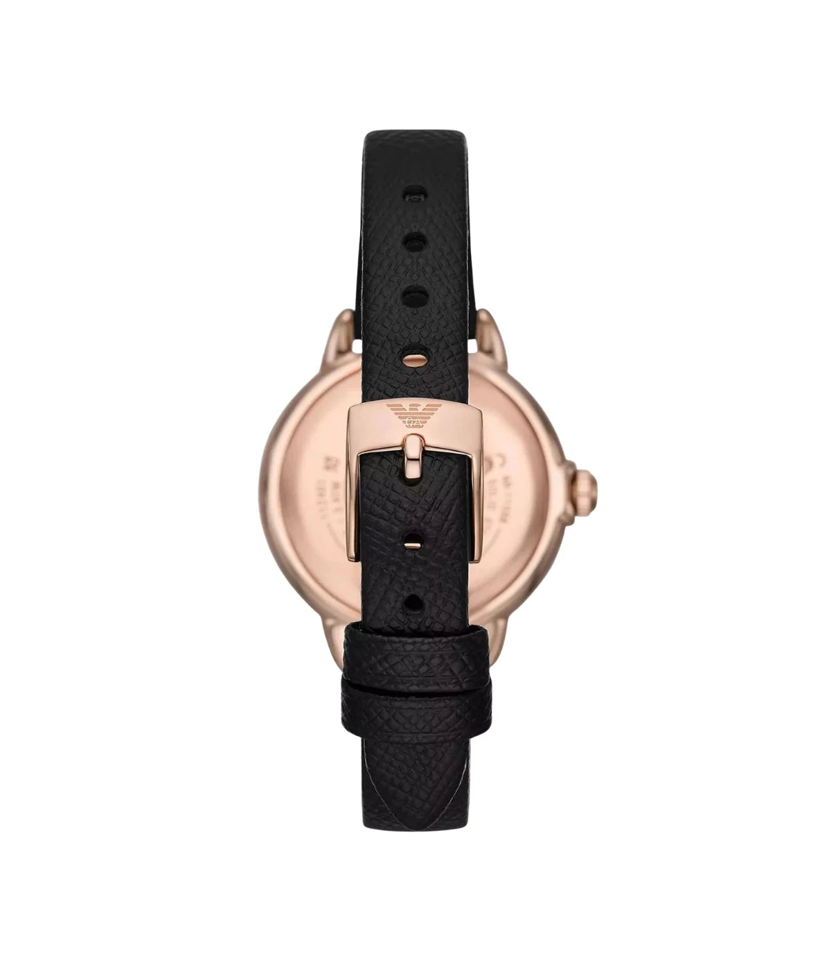 Back view of the Emporio Armani Mia AR11598 showing the rose gold case and black genuine leather strap