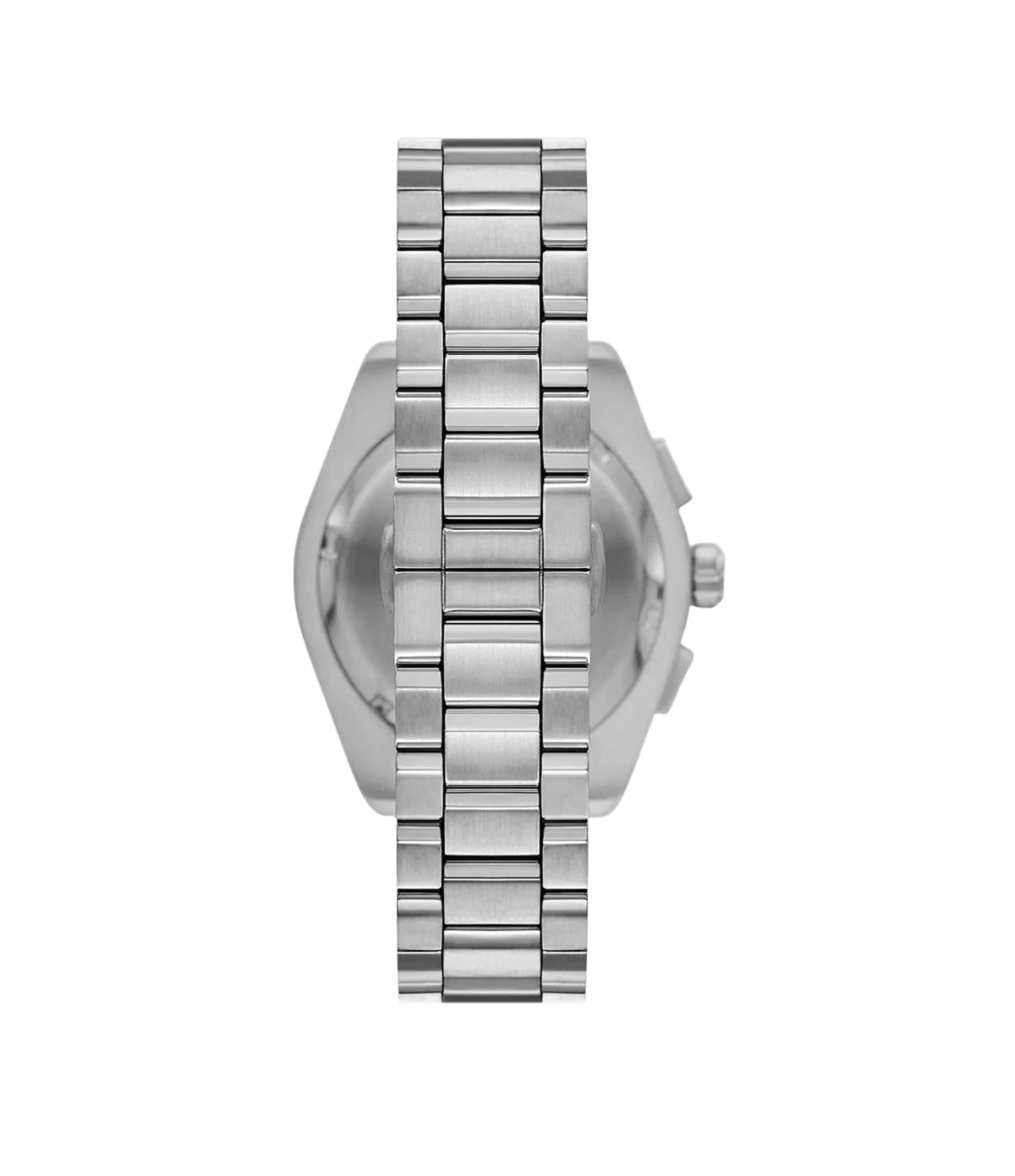 Back view of the Emporio Armani Federico AR11640 showing the silver case and silver stainless steel bracelet