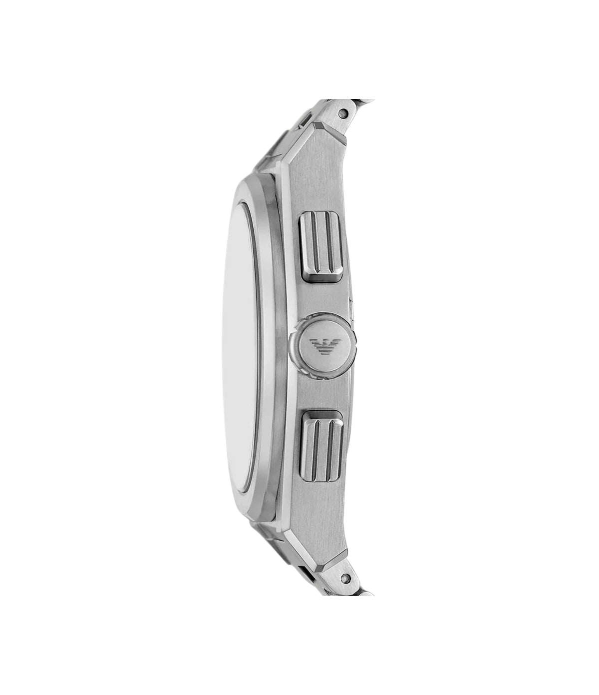 Side profile of the Emporio Armani Federico AR11640 showing the silver case, 43mm case and silver stainless steel bracelet