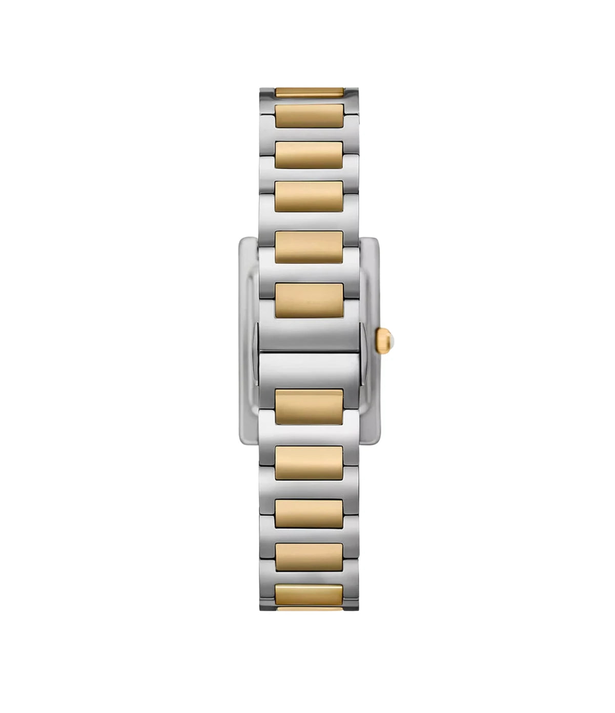 Back view of the Emporio Armani Genni AR11642 showing the silver case and silver/gold stainless steel bracelet