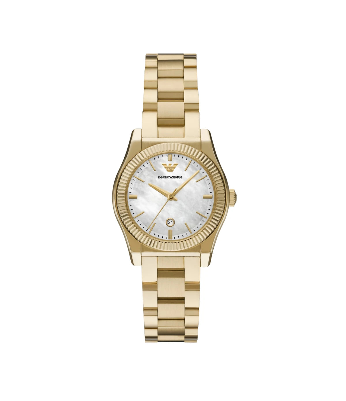 Emporio Armani AR11657 front view - women's watch with mother-of-pearl dial and gold stainless steel bracelet, available in Sri Lanka at TimeVault