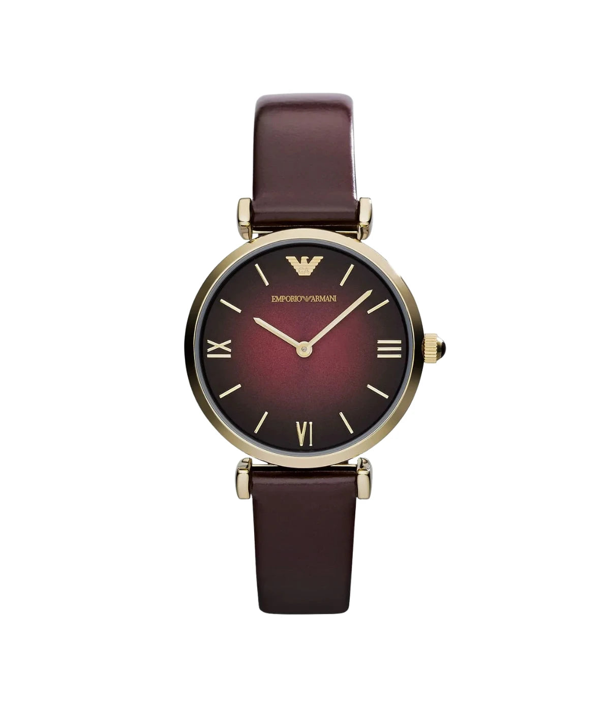 Emporio Armani Gianni T-Bar AR1757 front view - women's watch with burgundy dial and burgundy genuine leather strap, available in Sri Lanka at TimeVault