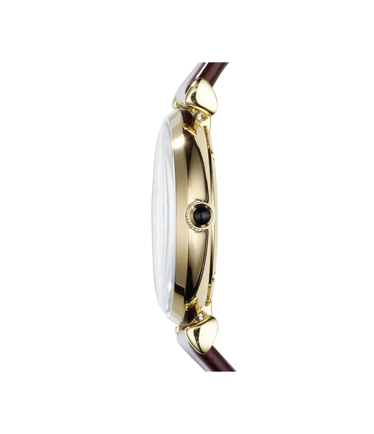 Side profile of the Emporio Armani Gianni T-Bar AR1757 showing the rose gold case, 32mm case and burgundy genuine leather strap