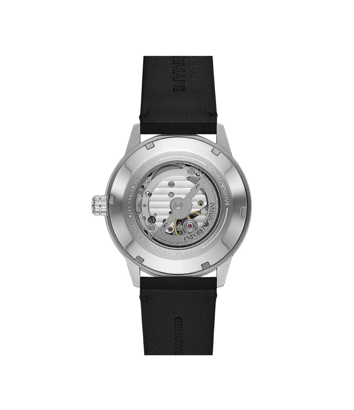 Back view of the Emporio Armani Mario Meccanico AR60051 showing the silver case and black genuine leather strap