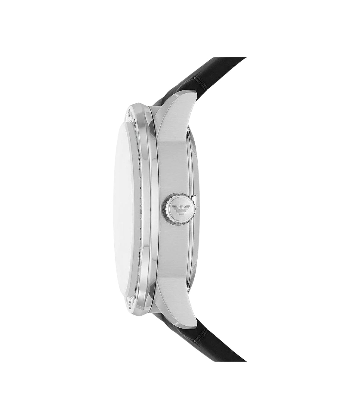 Side profile of the Emporio Armani Mario Meccanico AR60051 showing the silver case, 43mm case and black genuine leather strap