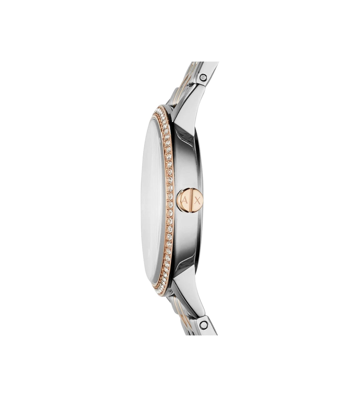Side profile of the Armani Exchange Lola AX5542 showing the two-tone silver and rose gold stainless steel case and bracelet
