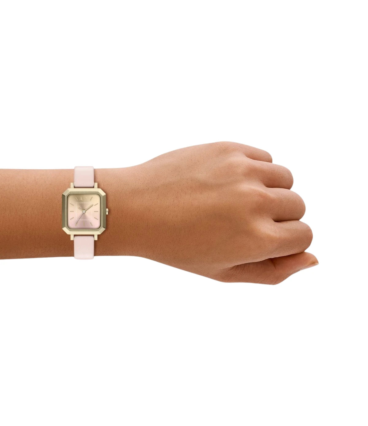 Armani Exchange Leila AX5737 worn on the wrist, showing the petite 27x26mm case and pink leather strap