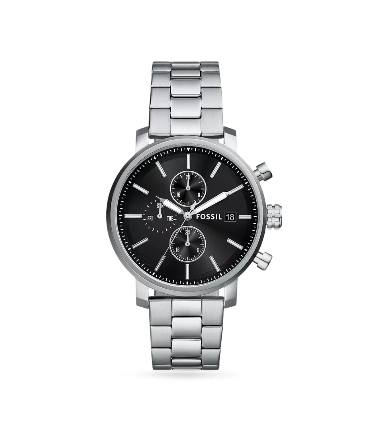 Fossil Rhett 43mm Multifunction Stainless Steel Watch BQM2851 front view - men's gold-tone watch with black sunray dial and silver-tone bracelet, available in Sri Lanka at TimeVault