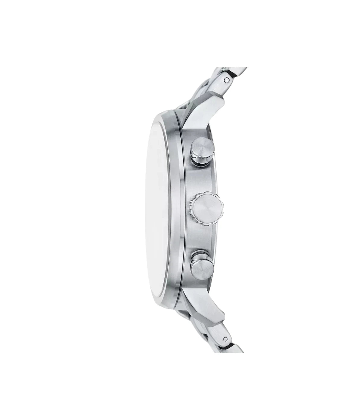 Side profile of the Fossil Rhett BQM2851 showing the round mineral crystal case and silver-tone stainless steel bracelet