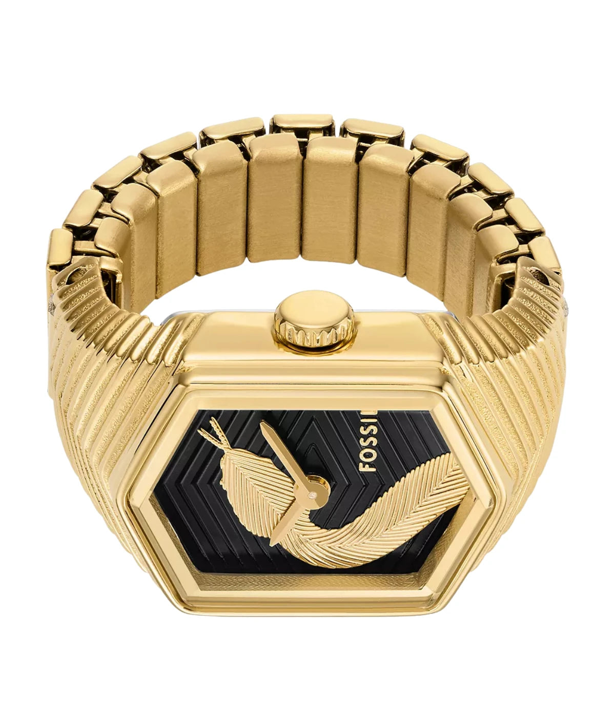 Close-up of the sculpted gold-tone snake design on the black dial of the Fossil Watch Ring ES5382 Lunar New Year edition