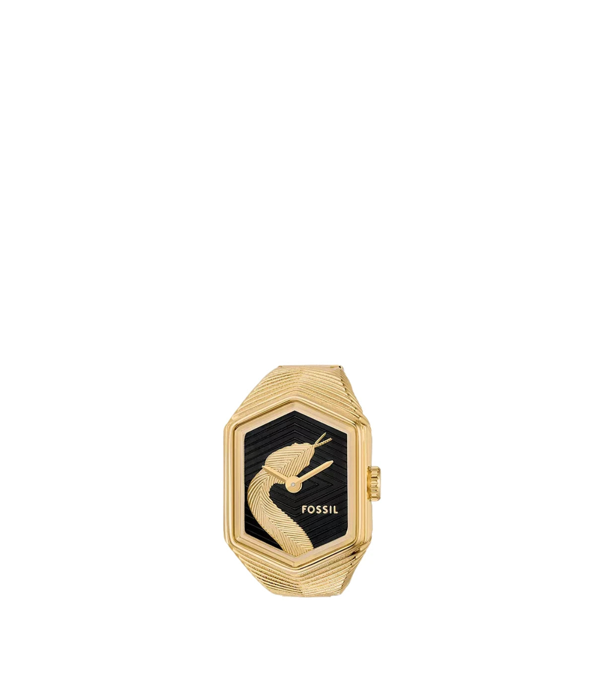 Fossil Watch Ring 15mm Lunar New Year Snake Gold-Tone Stainless Steel ES5382 front view - women's ring watch with gold-tone snake design on black dial, available in Sri Lanka at TimeVault