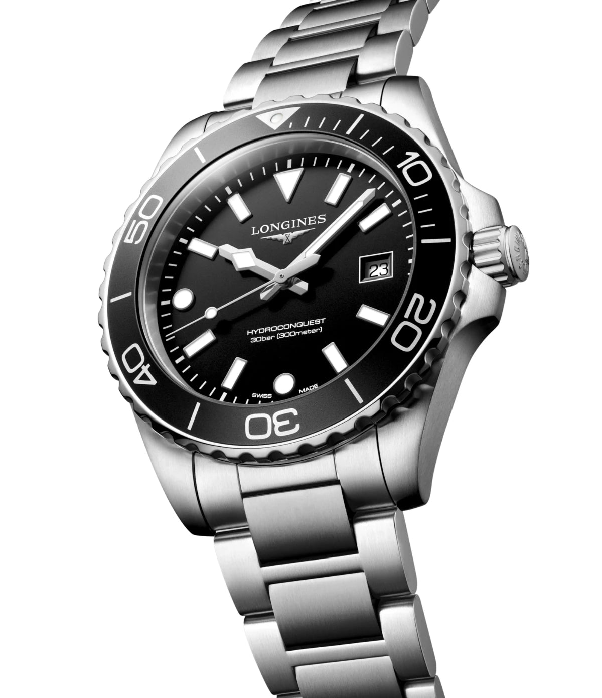Side profile of the Longines HydroConquest 42mm L3.769.4.56.6 showing unidirectional rotating bezel and screw-in crown