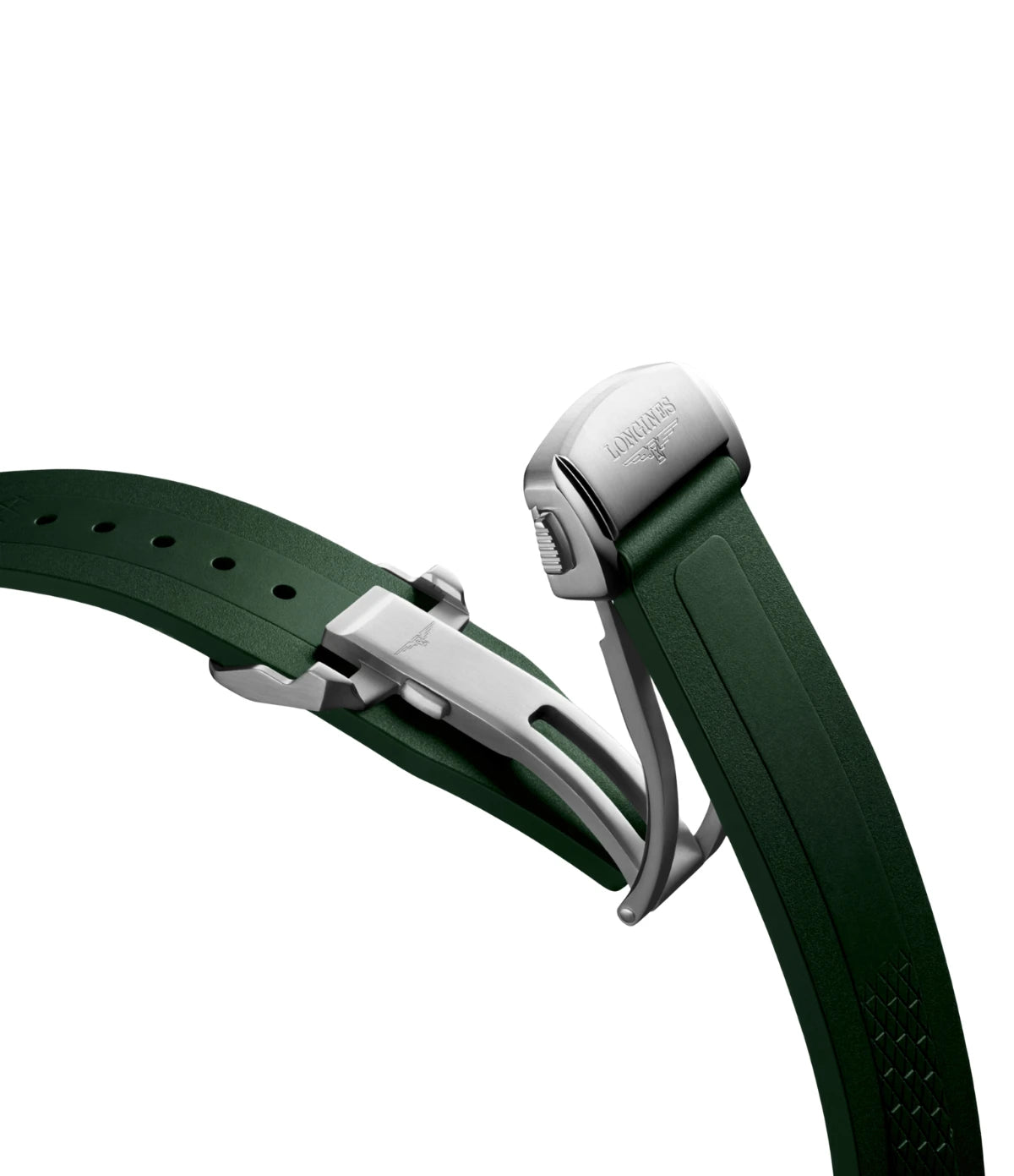 Open view of the double security folding clasp with micro adjustment system on the Longines Conquest 41mm L3.830.4.02.9